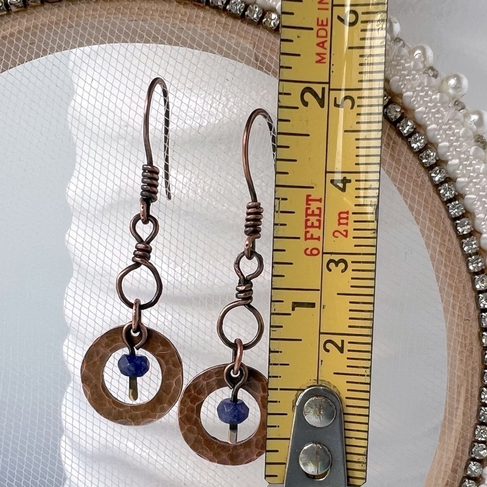 Artisan Hammered Copper Dangle Earrings with Jade Accent Beads - Picture 5 of 12